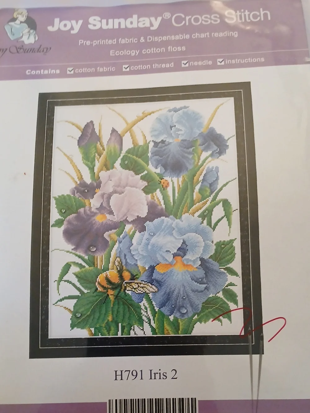Joy Sunday Blue Purple Iris Floral Cross Stitch Kit.